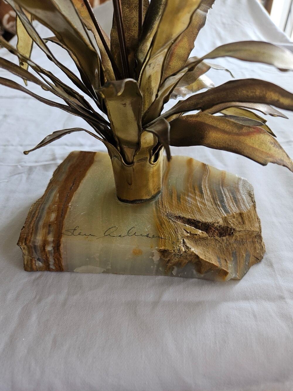 Vintage Brass & Stone Sculpture. Modern Brass Reeds/Cattails on Rock Base.